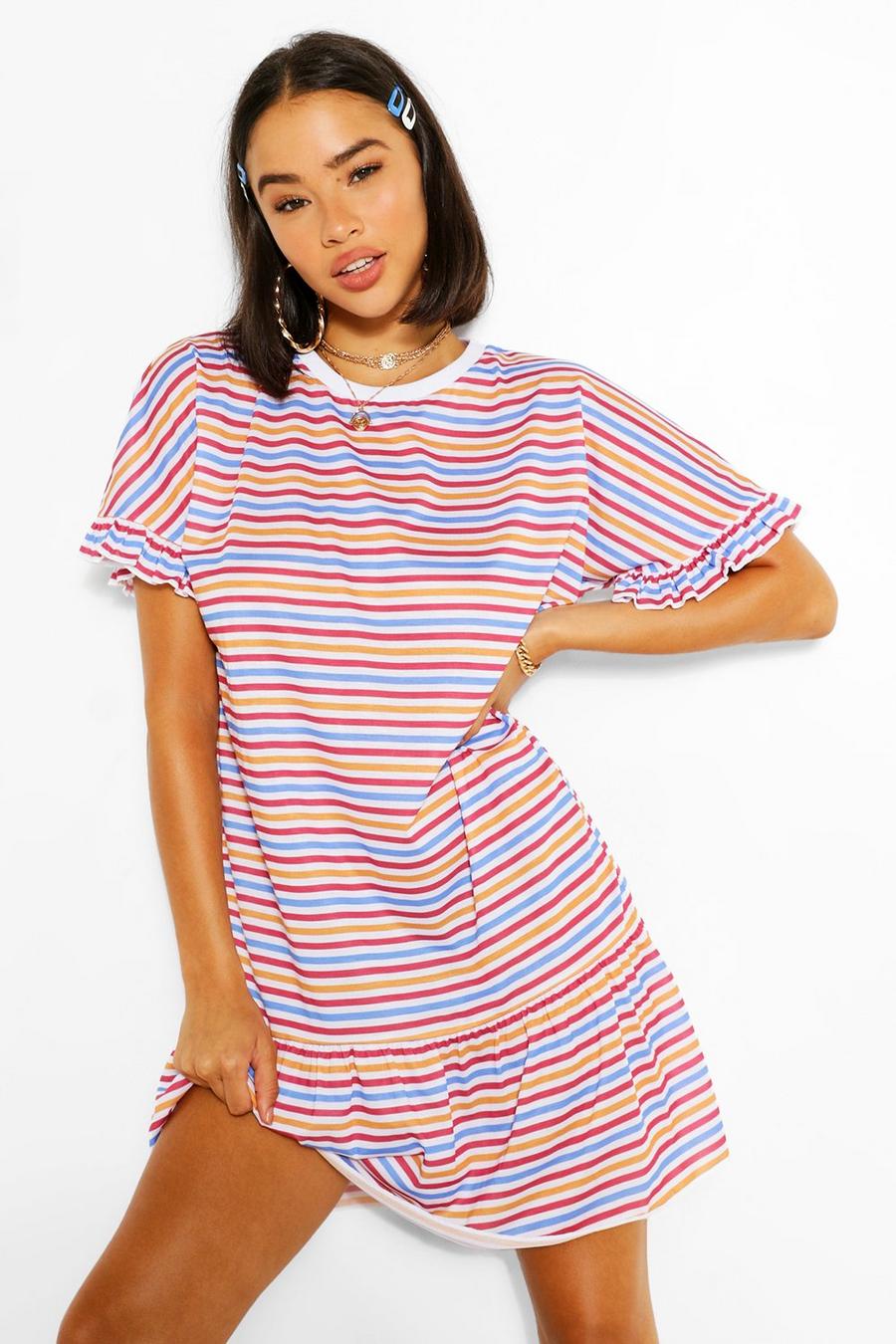 T-Shirt-Kleid mit verlängertem Saum und Streifen in Regenbogenfarben image number 1