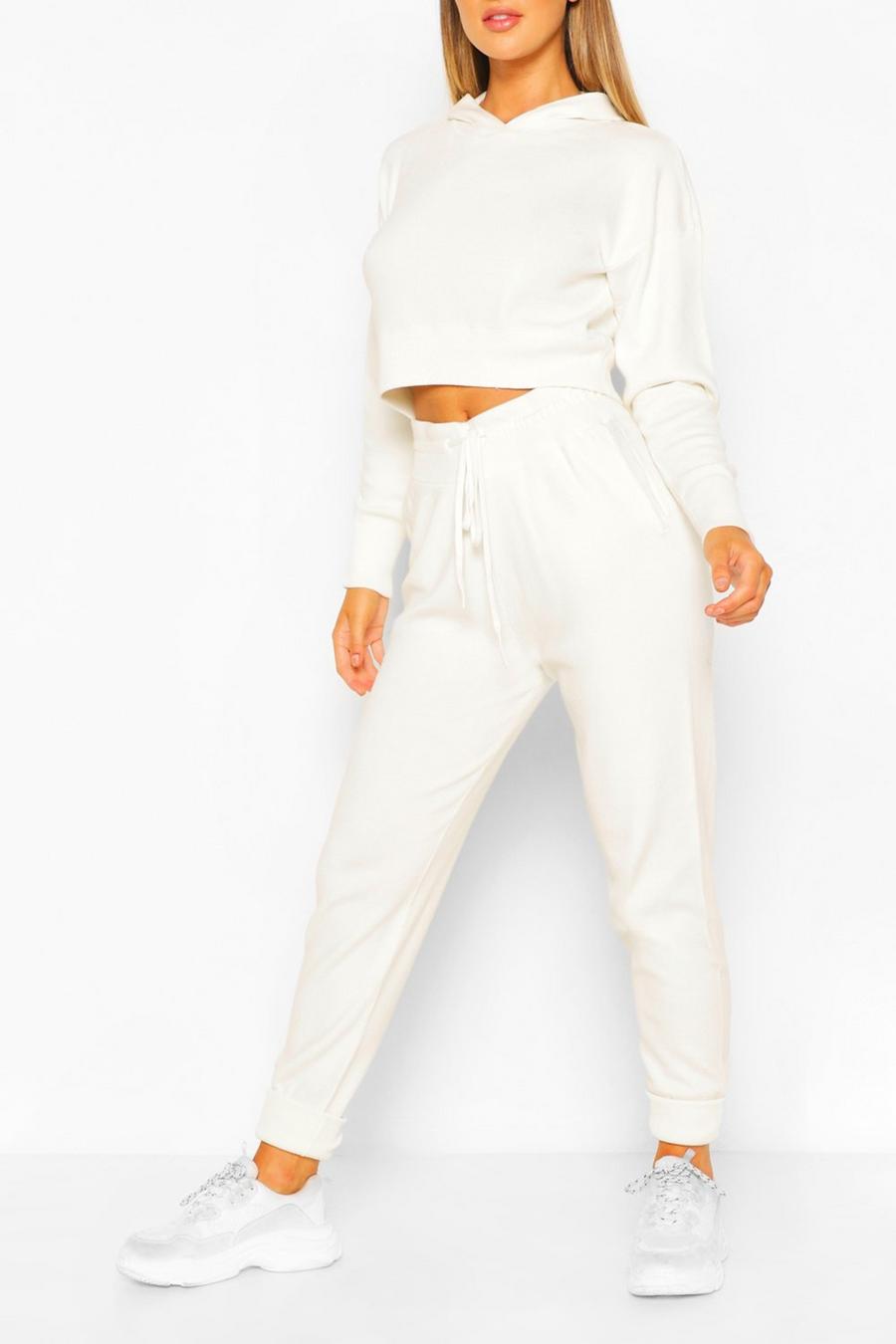 Coordinato felpa corta in maglia con cappuccio e pantaloni tuta, Bianco image number 1