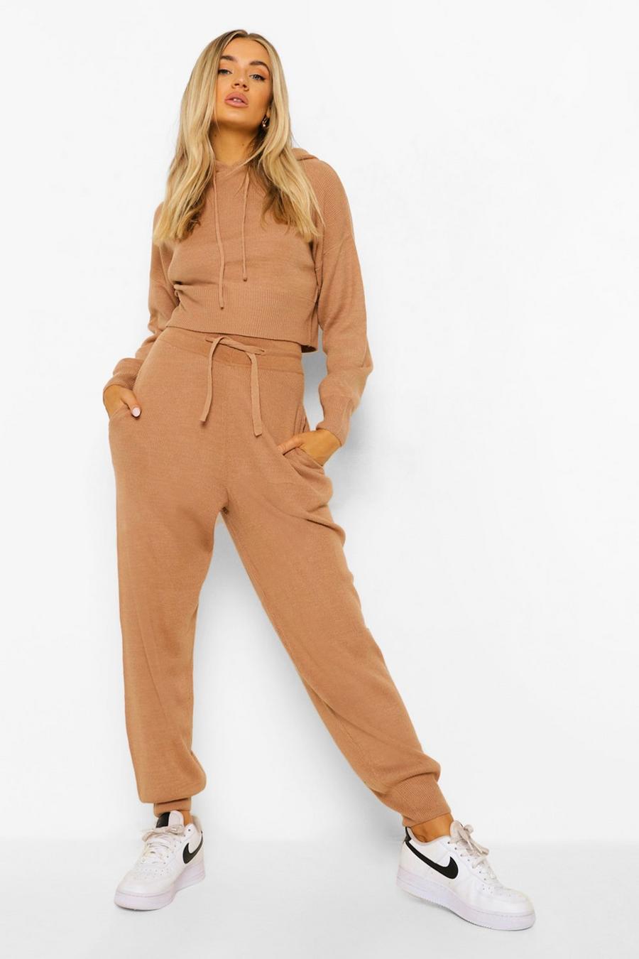 Camel Knitted Crop Hoody Tracksuit image number 1