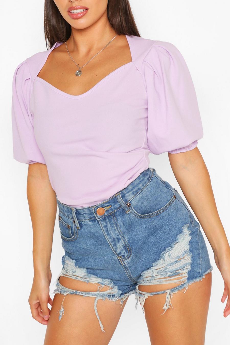 Lilac Pleated Sleeve Sweetheart Neck Top image number 1