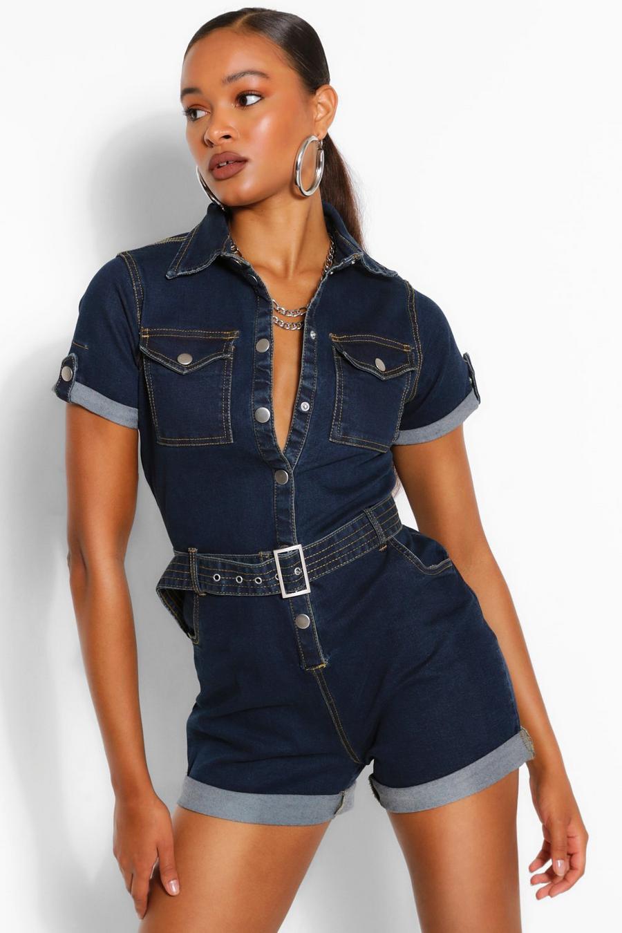 Mid wash azzurro Buckle Belted Fitted Denim Playsuit