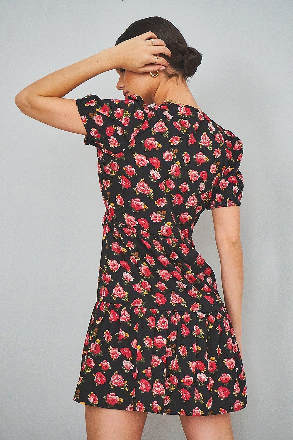 Floral Puff Sleeve Drop Waist Shift Dress boohoo NO