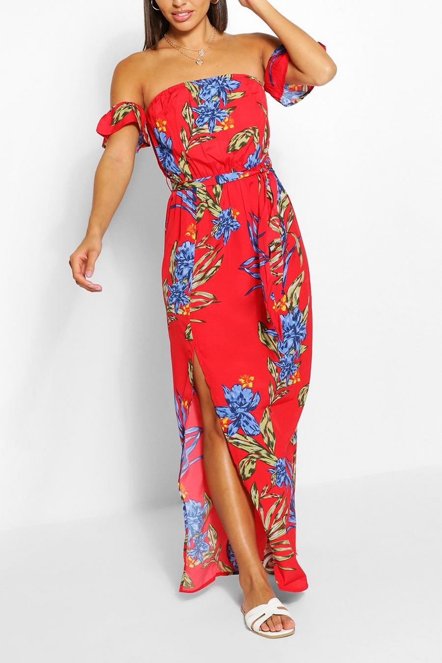 Red Floral Print Off The Shoulder Maxi Dress image number 1
