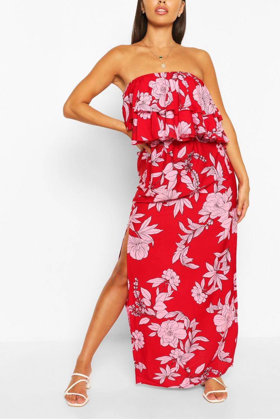 Red Floral Print Bandeau Split Maxi Dress image number 1