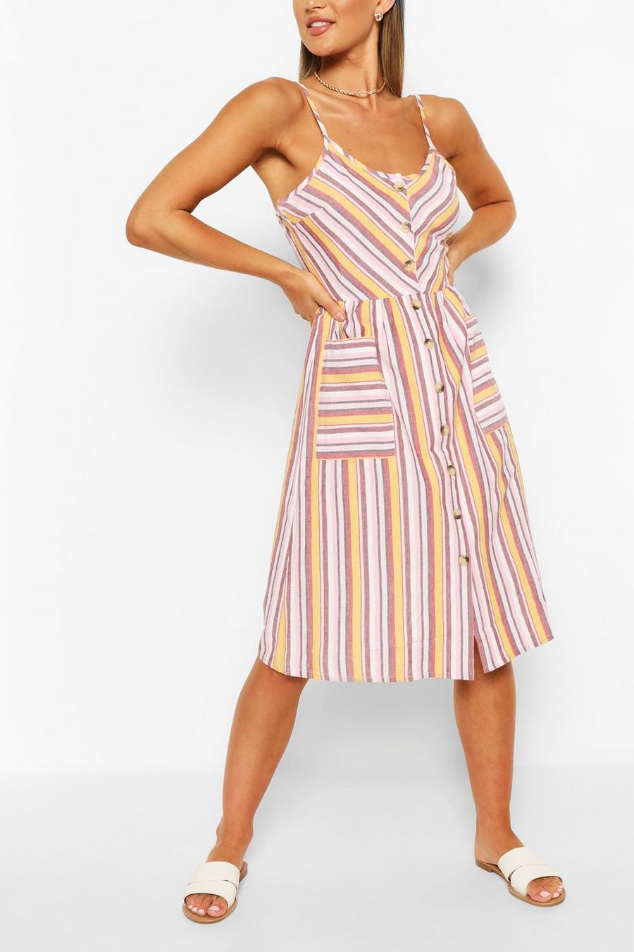 Striped Button Down Strappy Midi Skater Dress image number 1