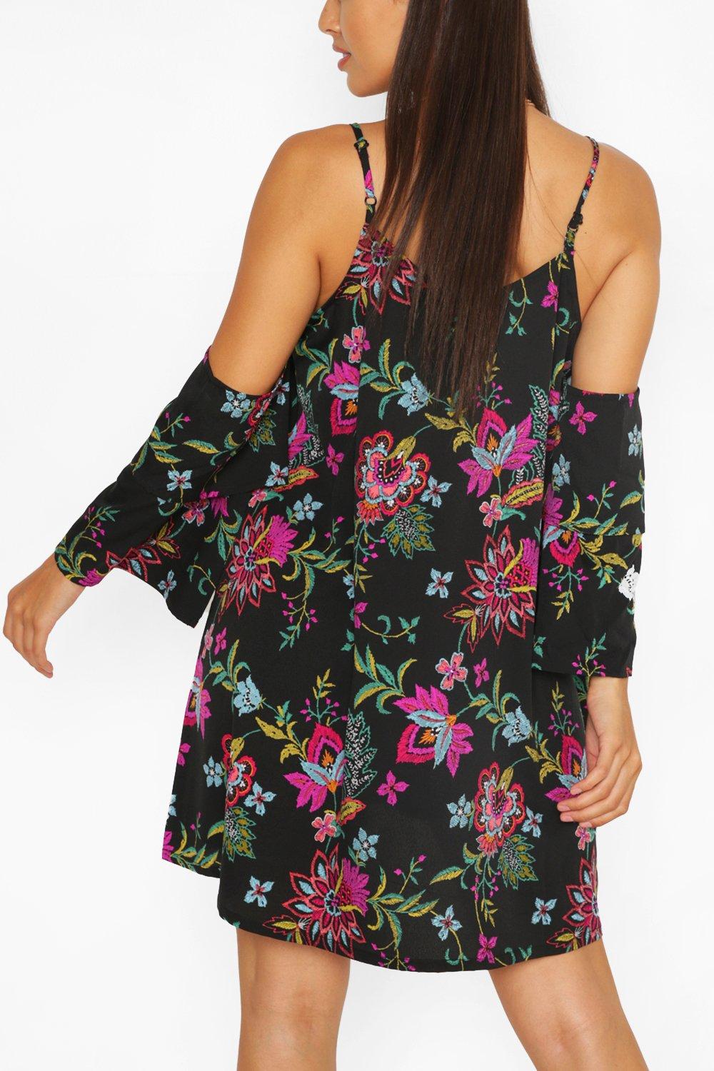 Floral Strappy Cold Shoulder Smock Dress