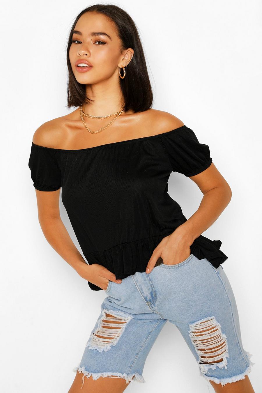 Rib Off The Shoulder Ruffle Swing Top image number 1
