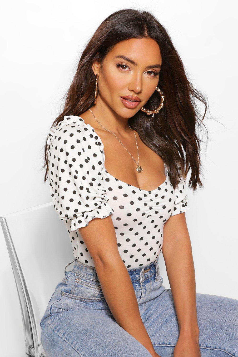 Black Polka Dot Puff Sleeve Bodysuit