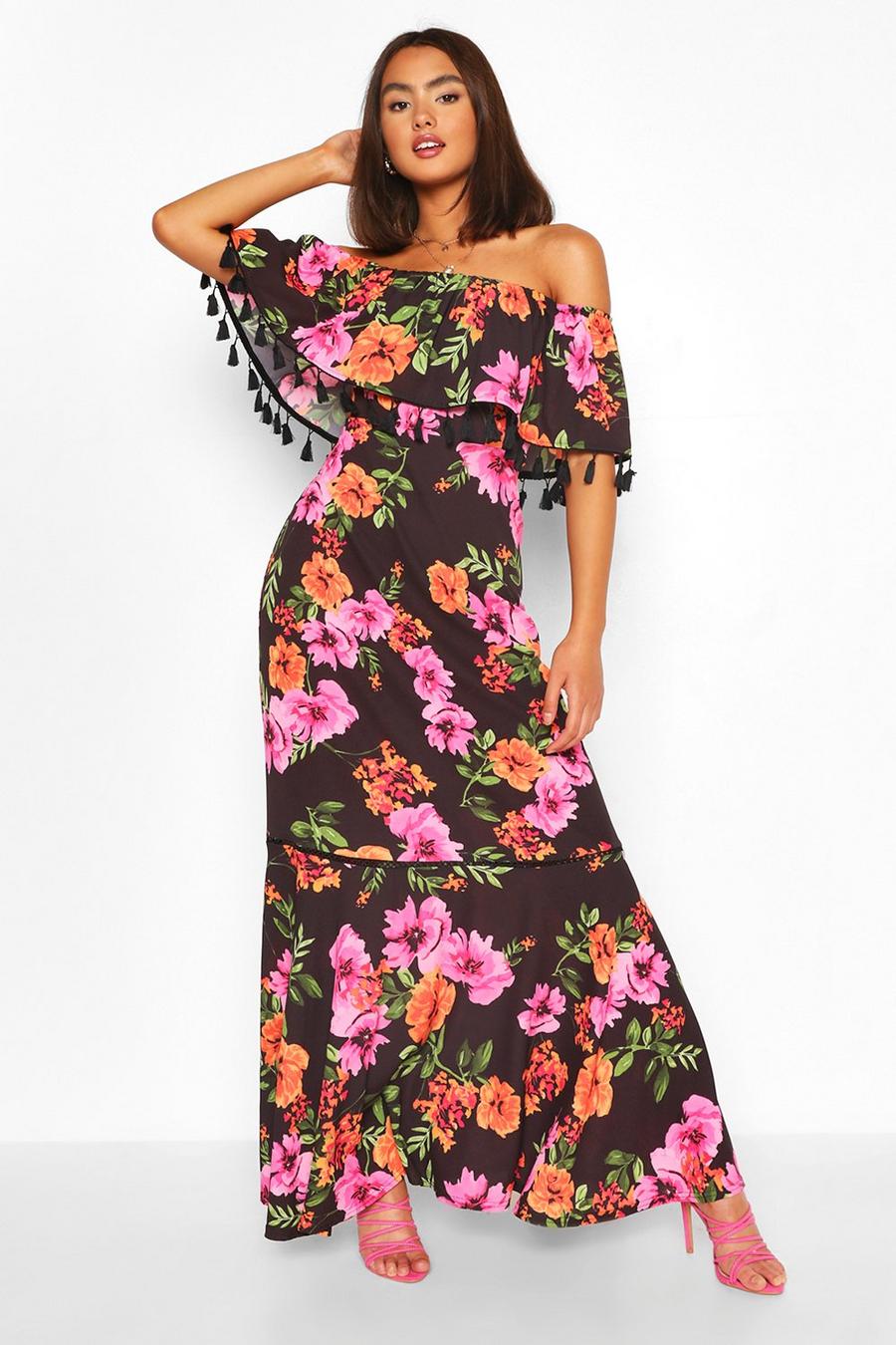 Black Floral Print Off The Shoulder Tassel Maxi Dress image number 1