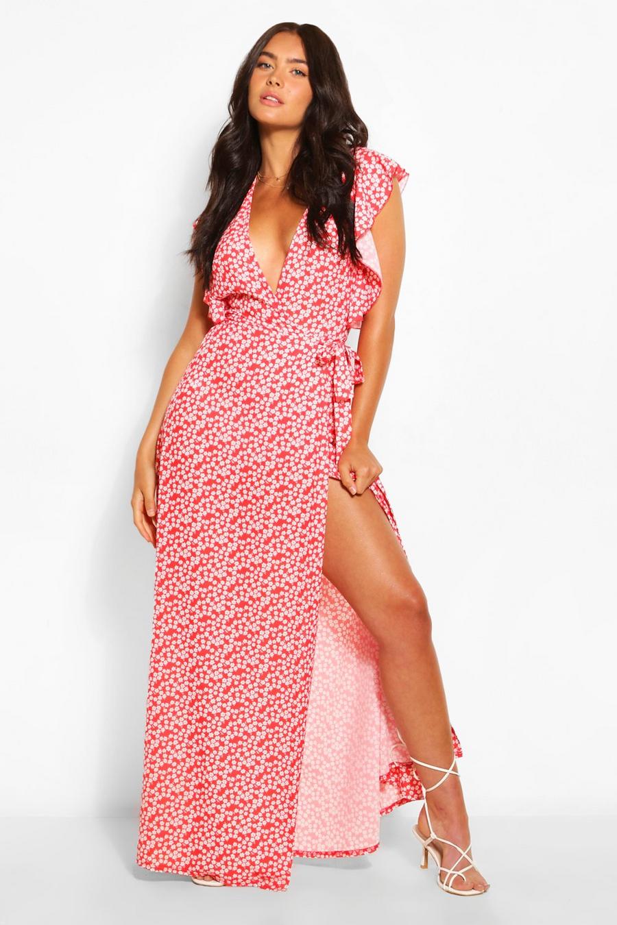 Red rosso Floral Print Woven Ruffle Sleeve Wrap Maxi Dress
