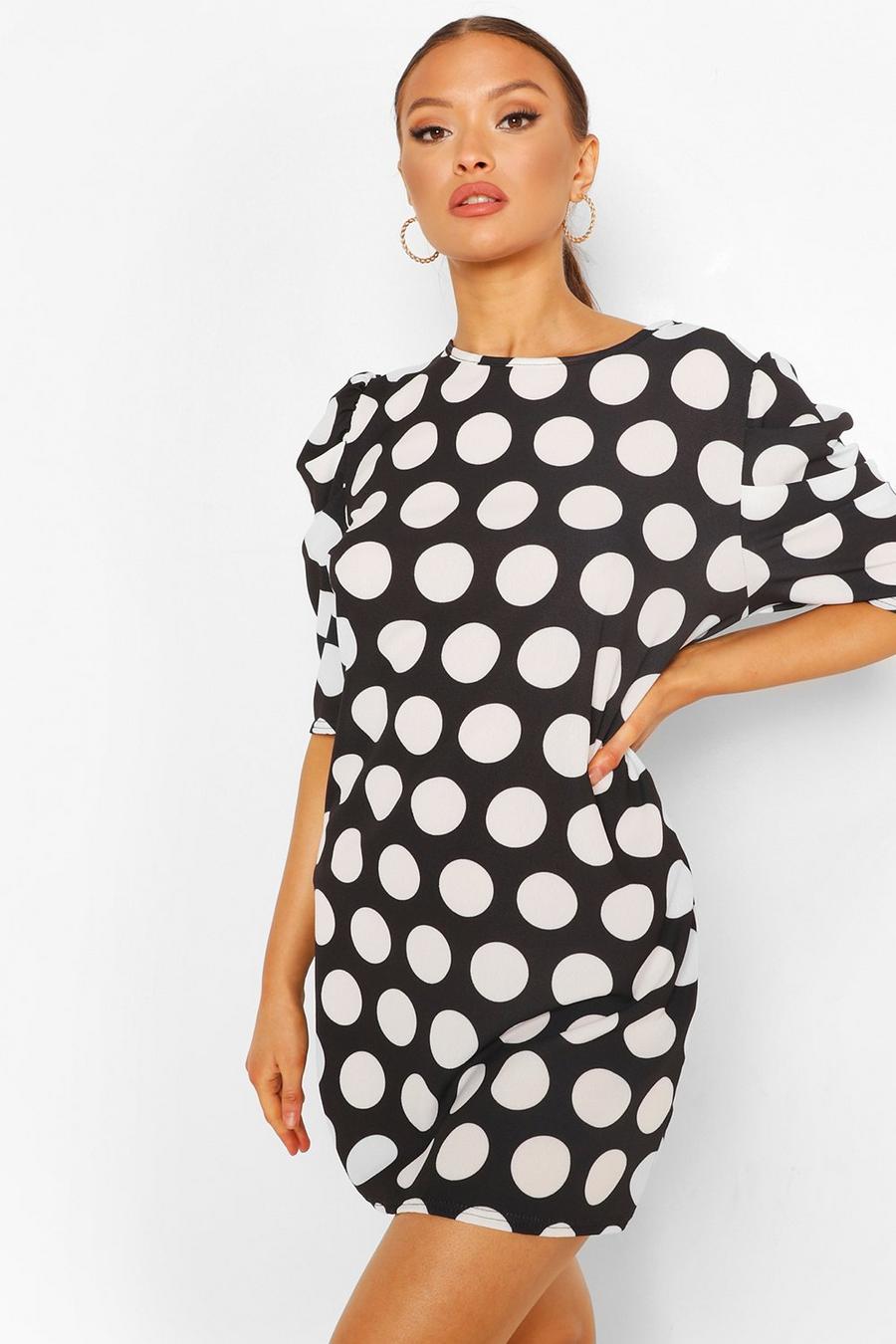 Black Polka Dot Puff Sleeve Shift Dress image number 1