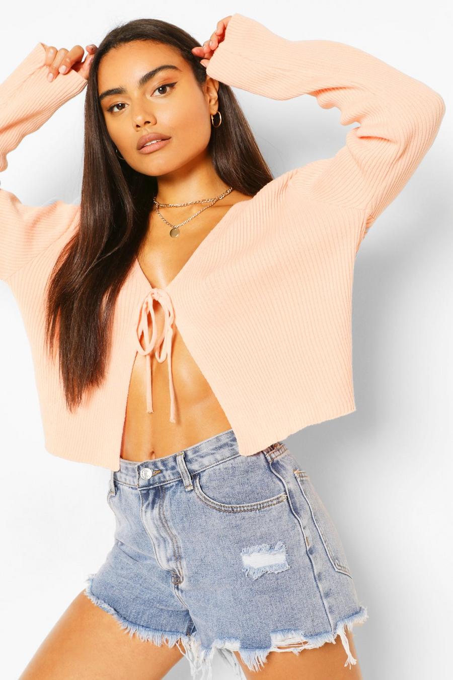 Apricot Lace Up Crop Ribbed Cardigan image number 1