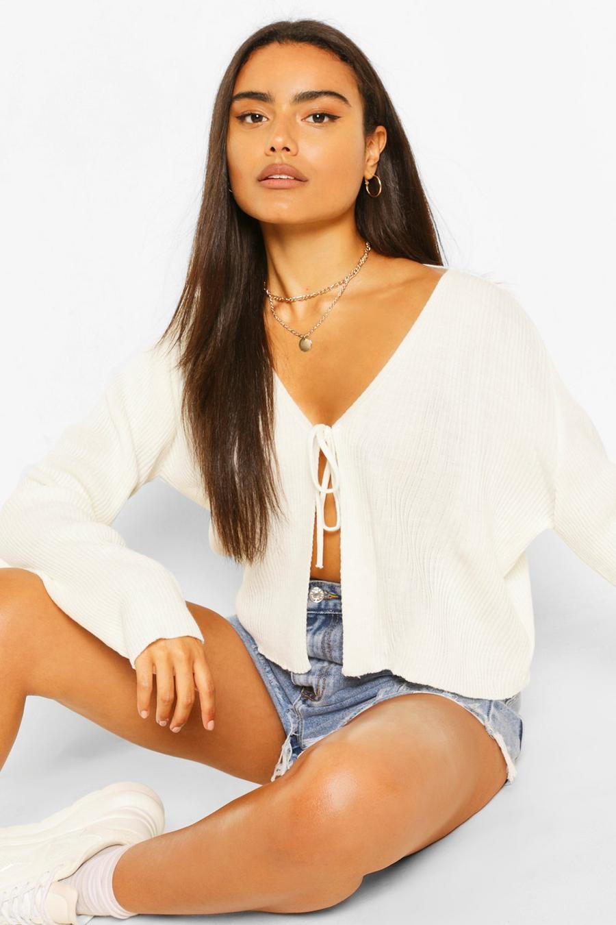 Ivory Lace Up Crop Ribbed Cardigan image number 1