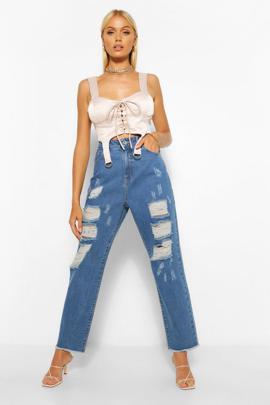 Mid blue Extreme Rip Mom Jeans image number 1
