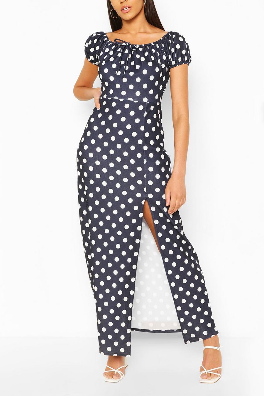 Polka Dot Off The Shoulder Tie Detail Maxi Dress image number 1