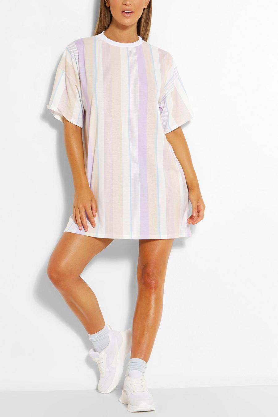 Robe t-shirt coupe oversize à rayures pastel, Lilas image number 1