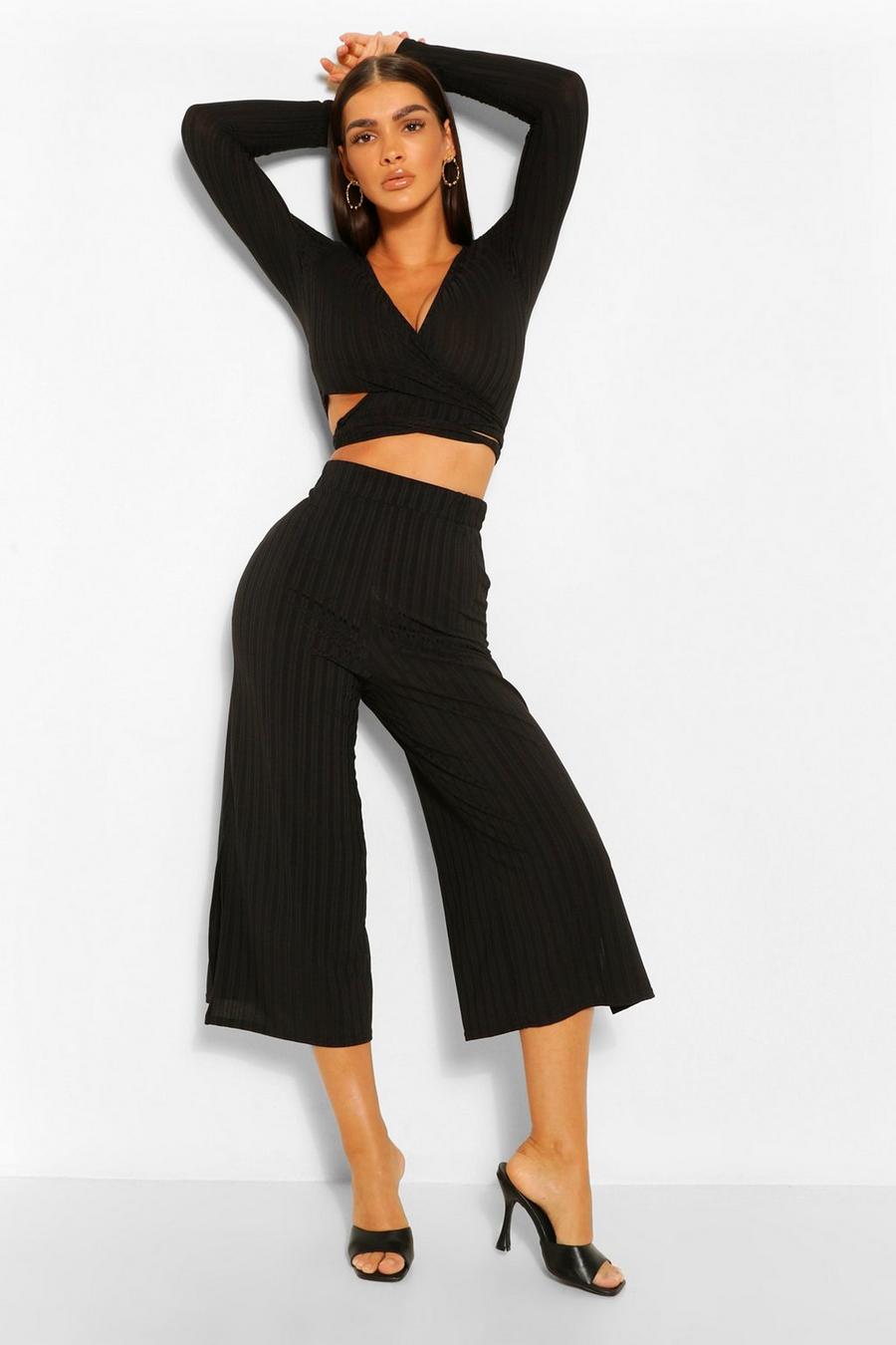 Black Rib Wrap Front Top Co Ord image number 1