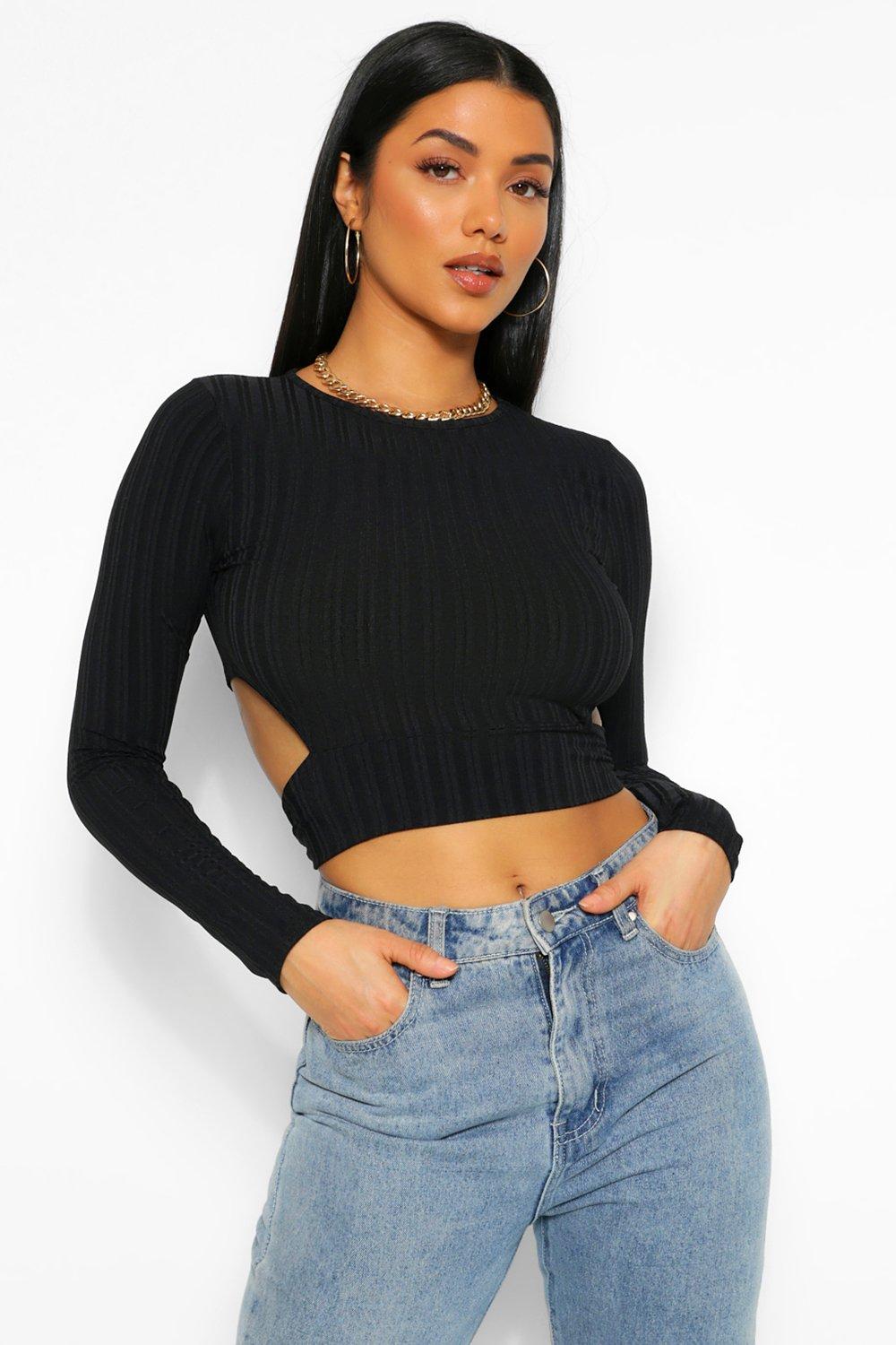 Black Rib Tie Waist Long Sleeve Crop Top