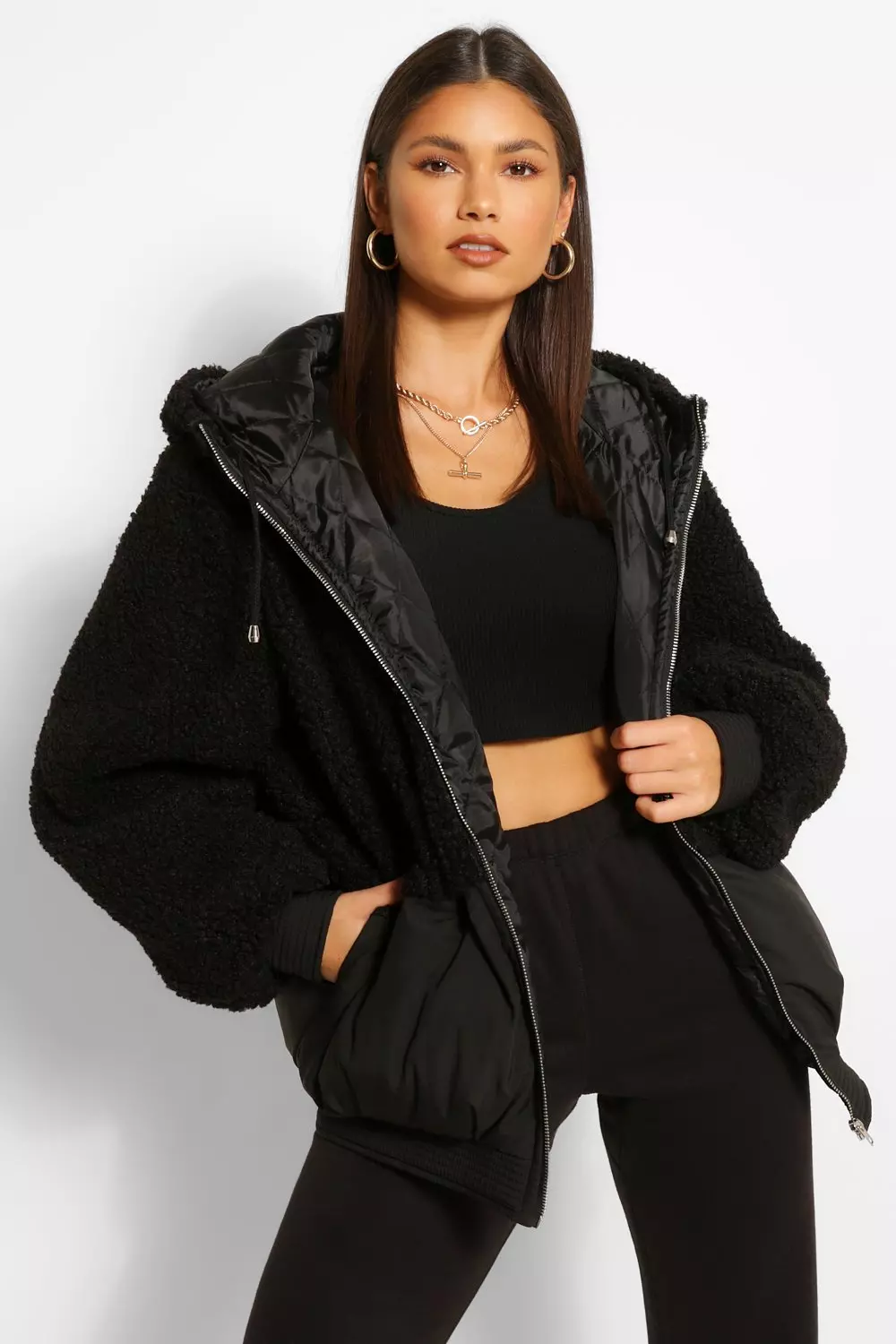 Black faux clearance fur panel jacket