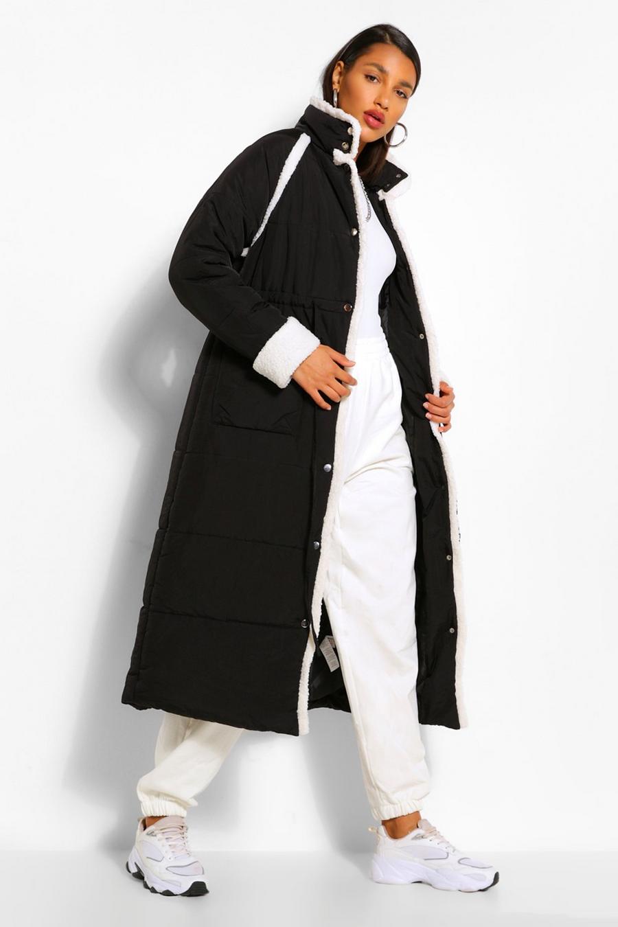 Black Teddy Faux Fur Trim Longline Puffer Jacket image number 1