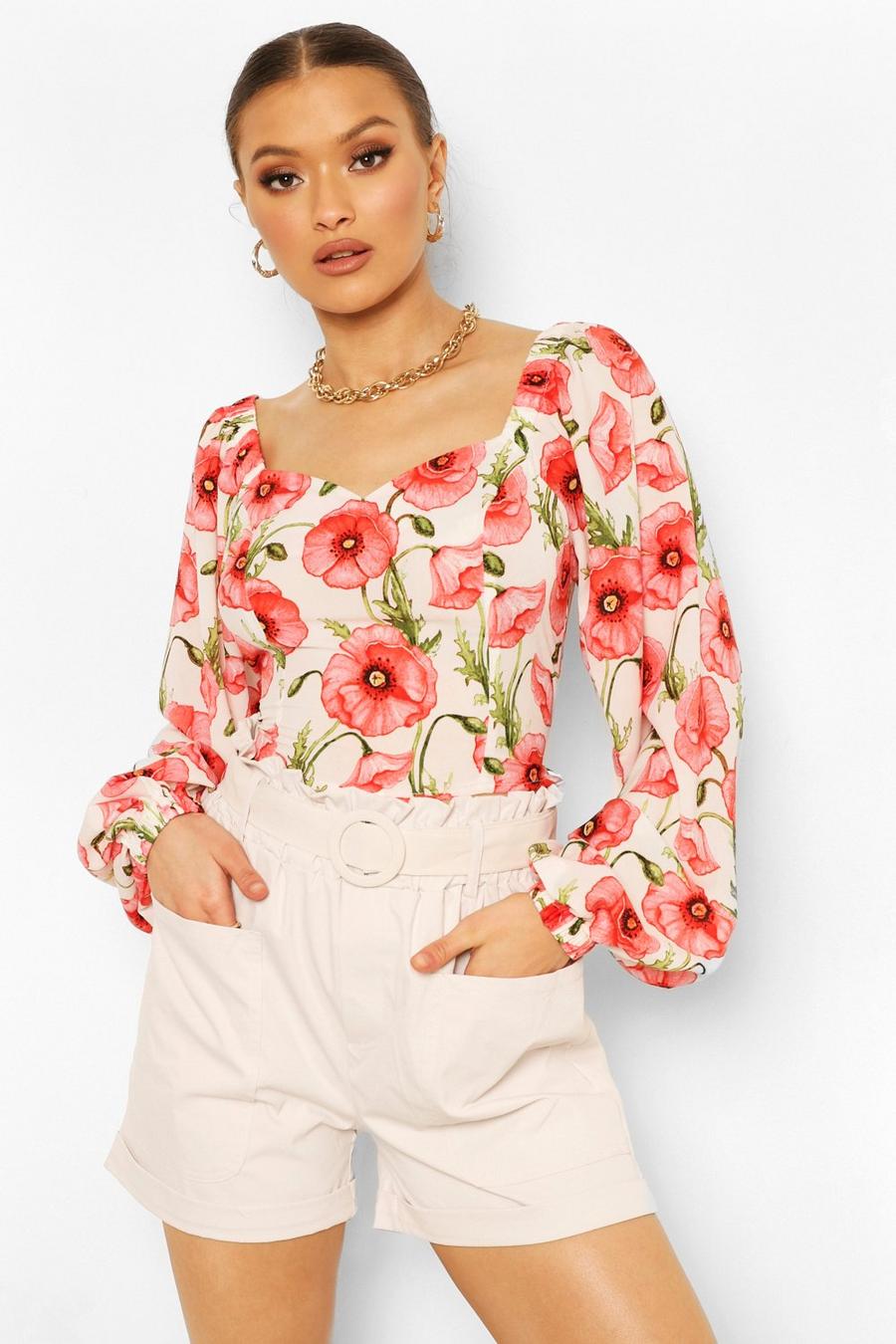 Floral Sweatheart Puff Sleeve Woven Top image number 1