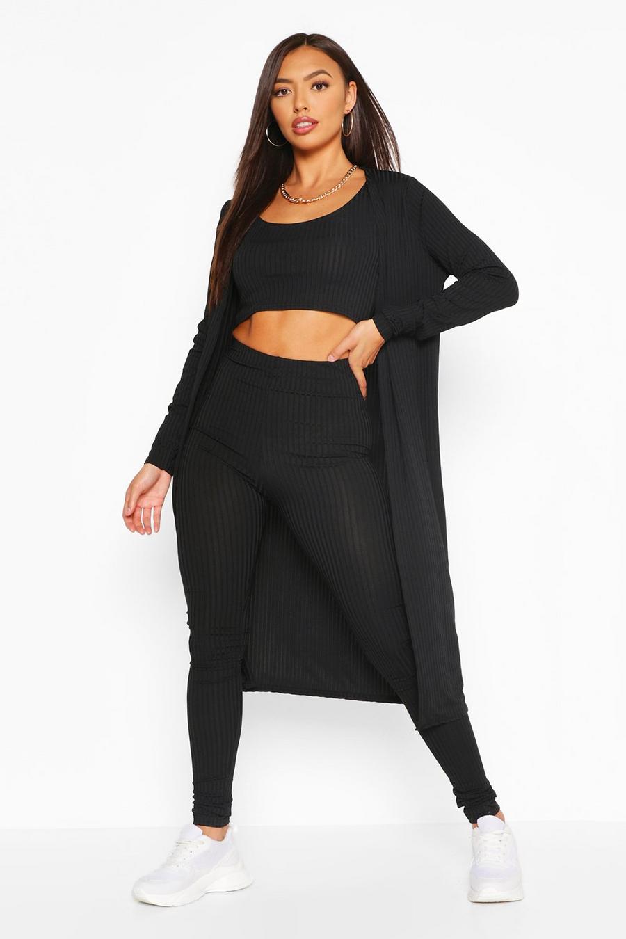 Black Ribbed Crop Top Legging And Duster Co-ord image number 1