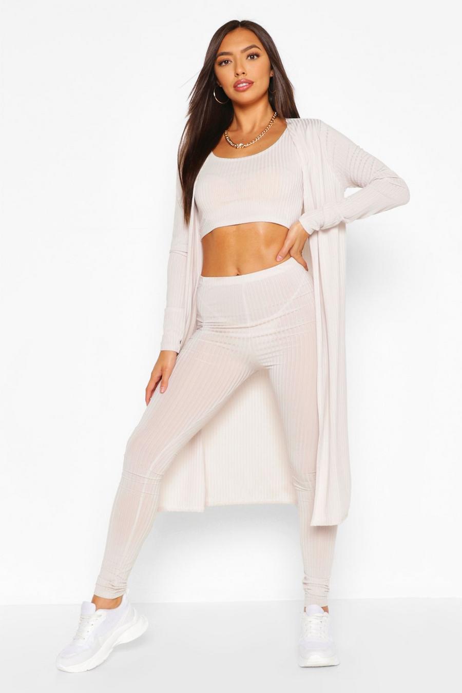 Ecru Ribbed Crop Top Legging And Duster Co-ord image number 1