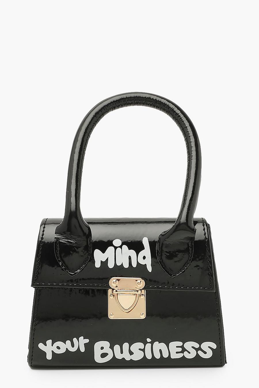 Mini borsa con scritta “Mind Your Business”, Nero image number 1