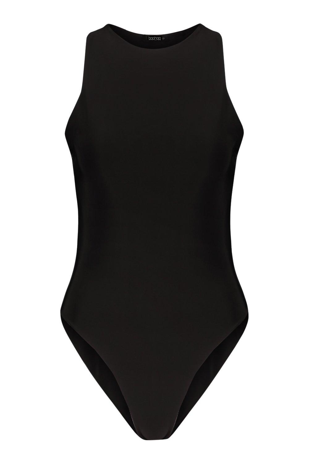 Double Layer Body Contour Round Neckline Bodysuit- Black 