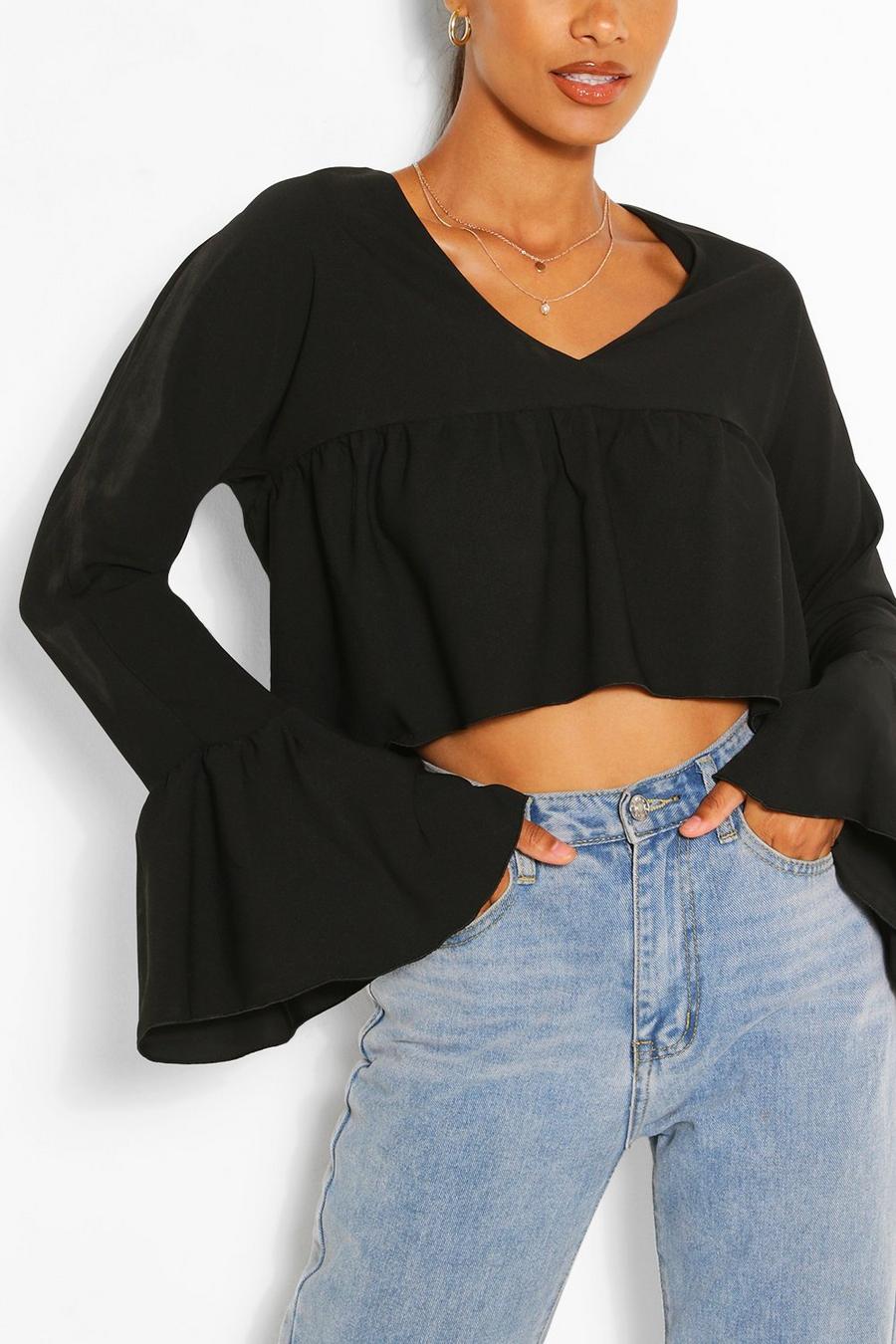 Black Woven Flare Sleeve Smock Top image number 1