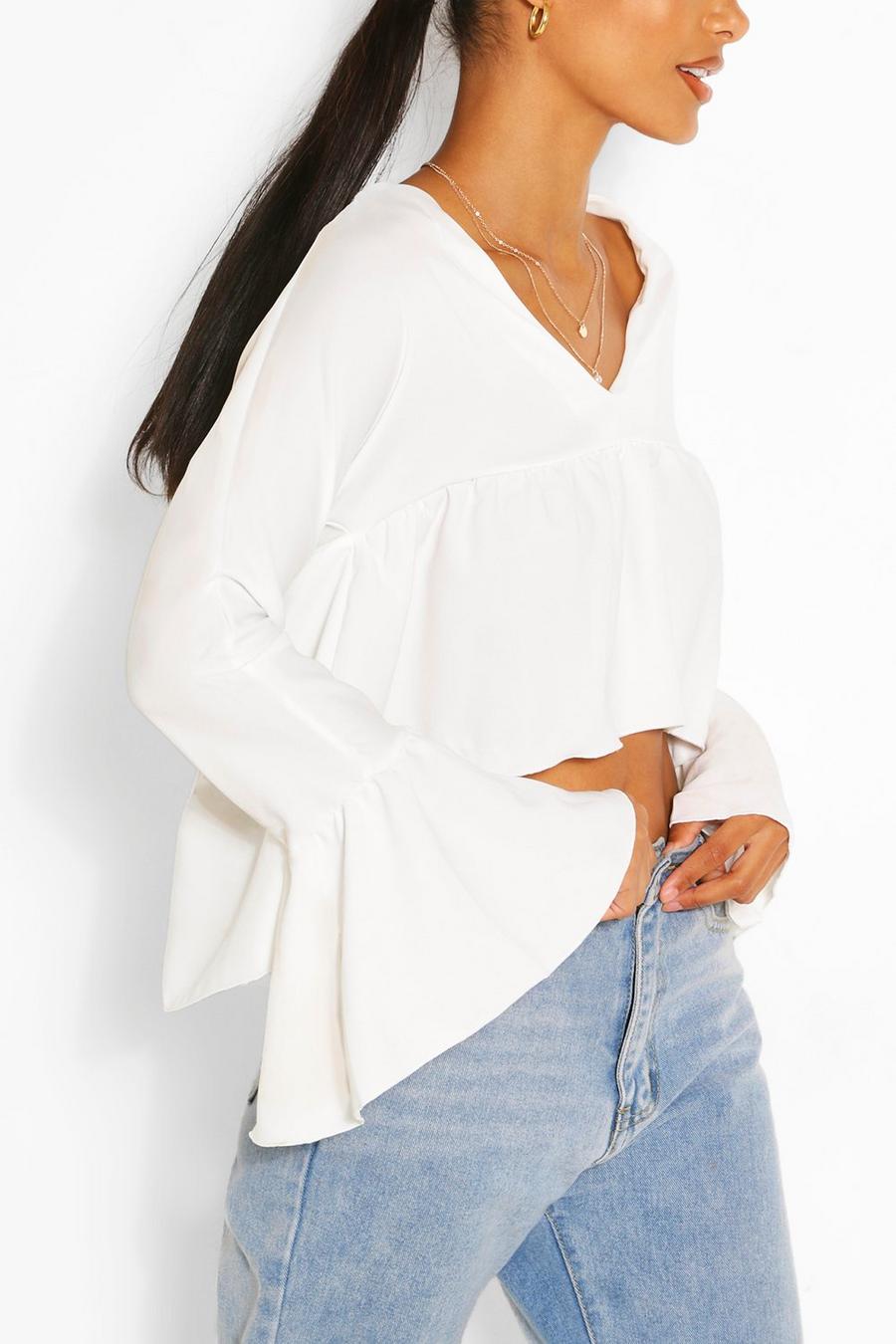 White Woven Flare Sleeve Smock Top image number 1