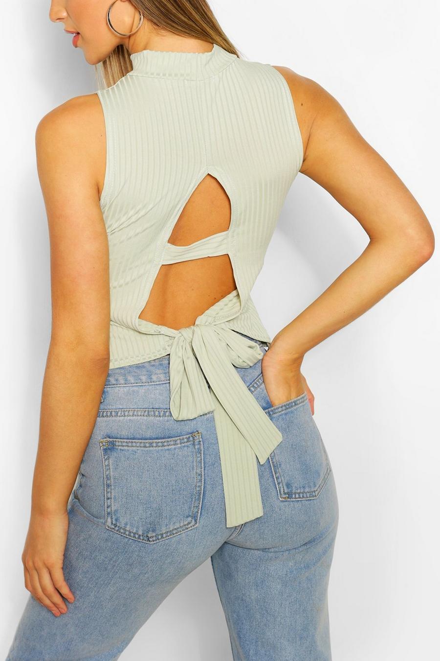 Sage Ribbed High Neck Tie Back Top image number 1