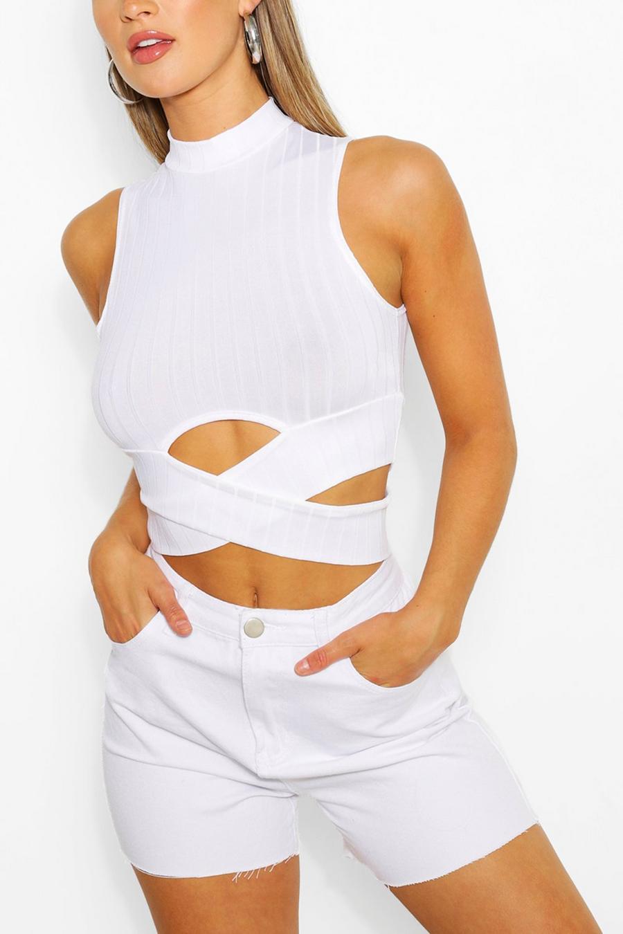 Ivory Ribbed High Neck Wrap Detail Top image number 1