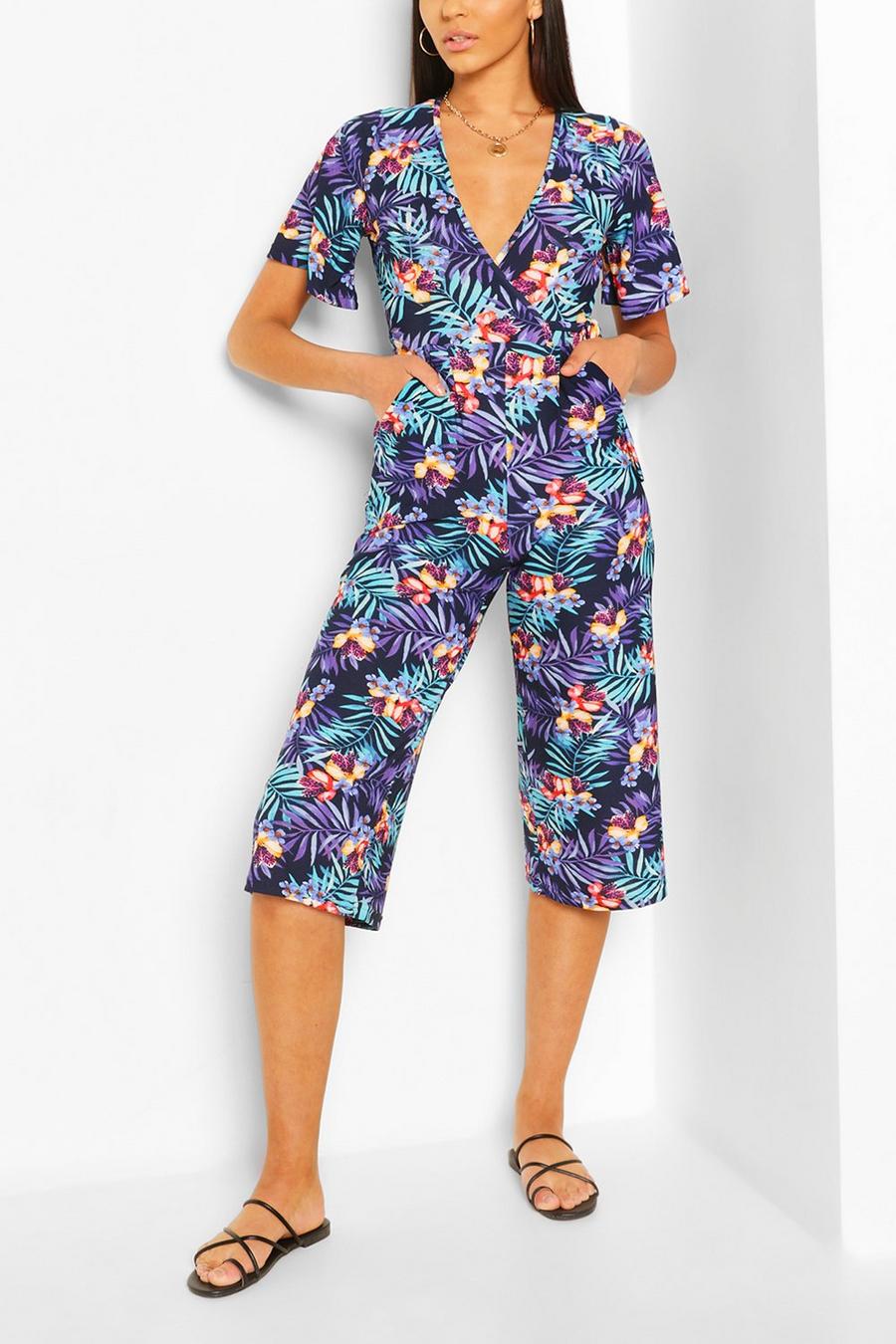 Culottes-Jumpsuit mit tropischem Blätter-Print und Wickeldesign, Marineblau image number 1