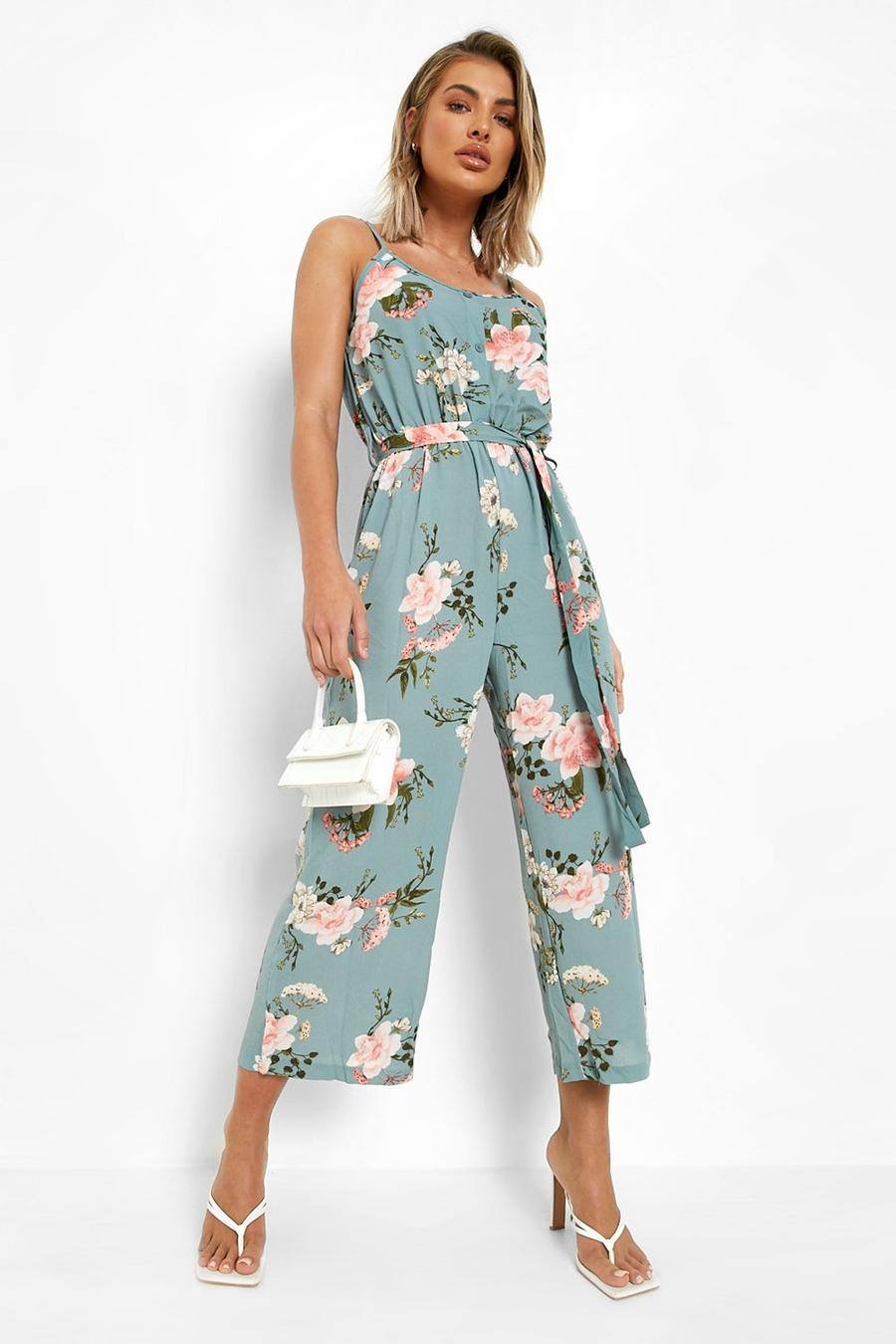 Green Floral Print Strappy Culotte Jumpsuit image number 1