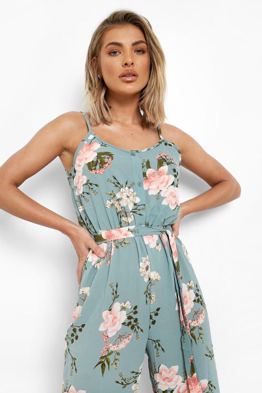 ASOS DESIGN strappy culotte jumpsuit in green floral print