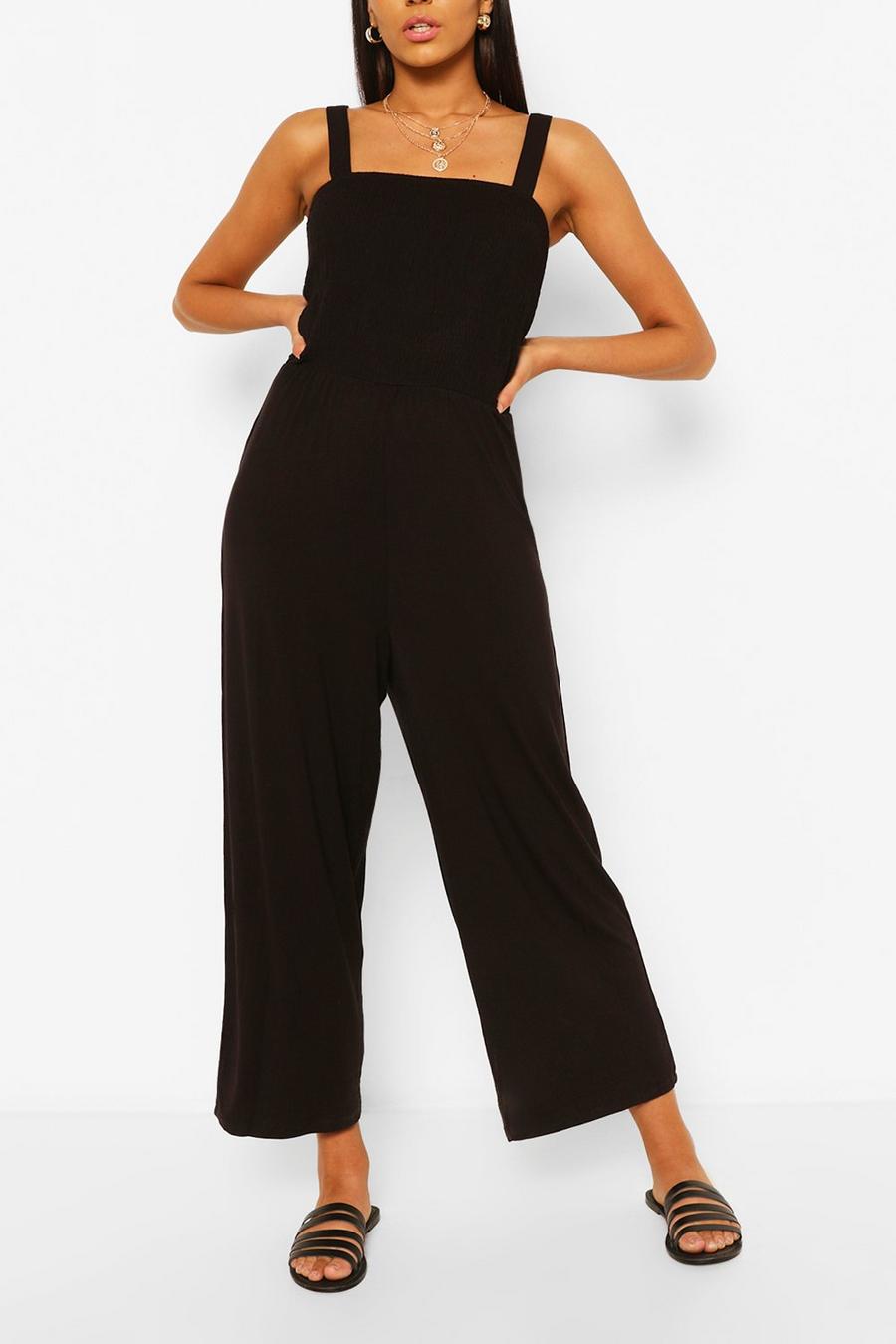 Black Shirred Strappy Wide Leg Casual Jumpsuit