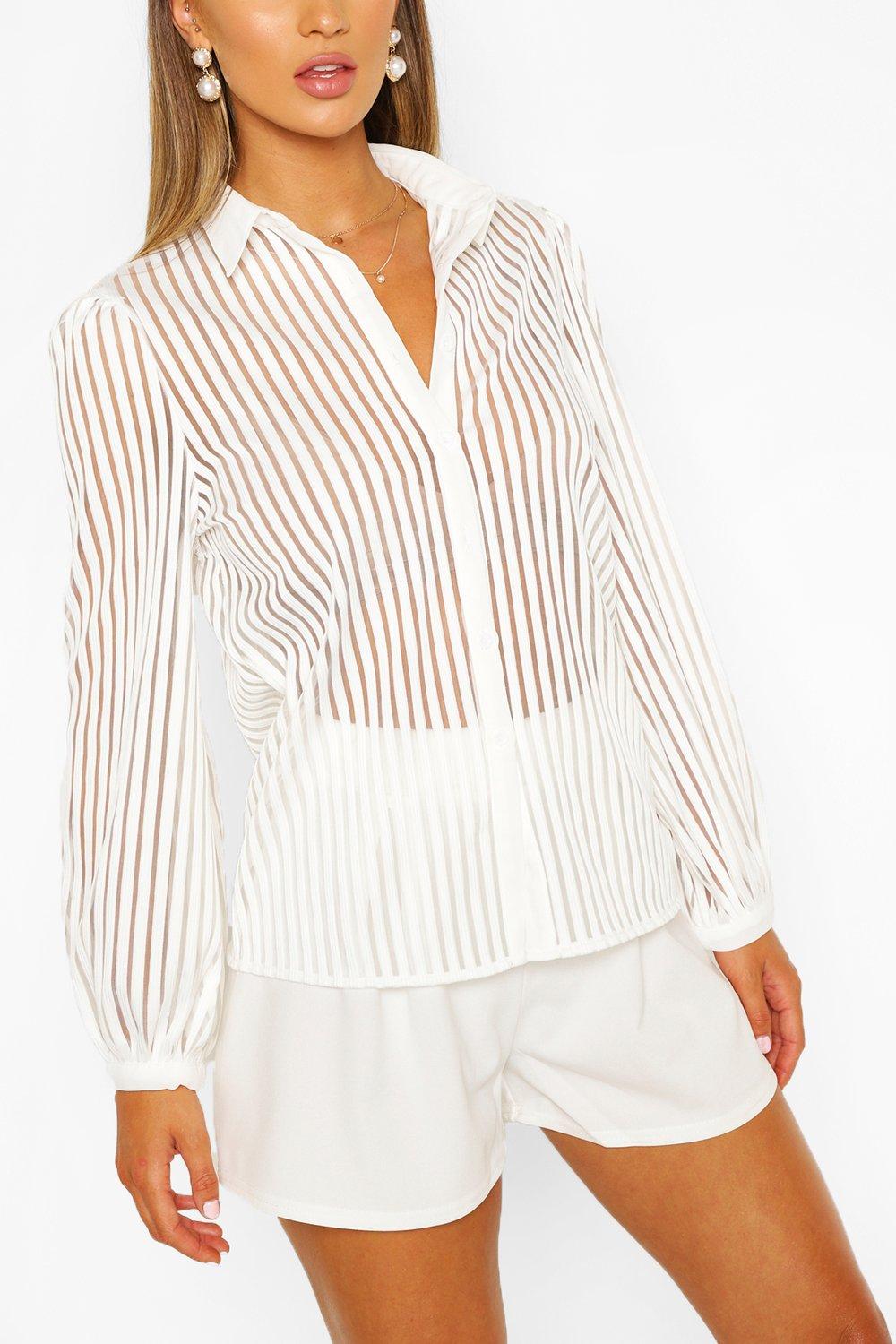 White Stripe Sheer Oversized Shirt, Tops