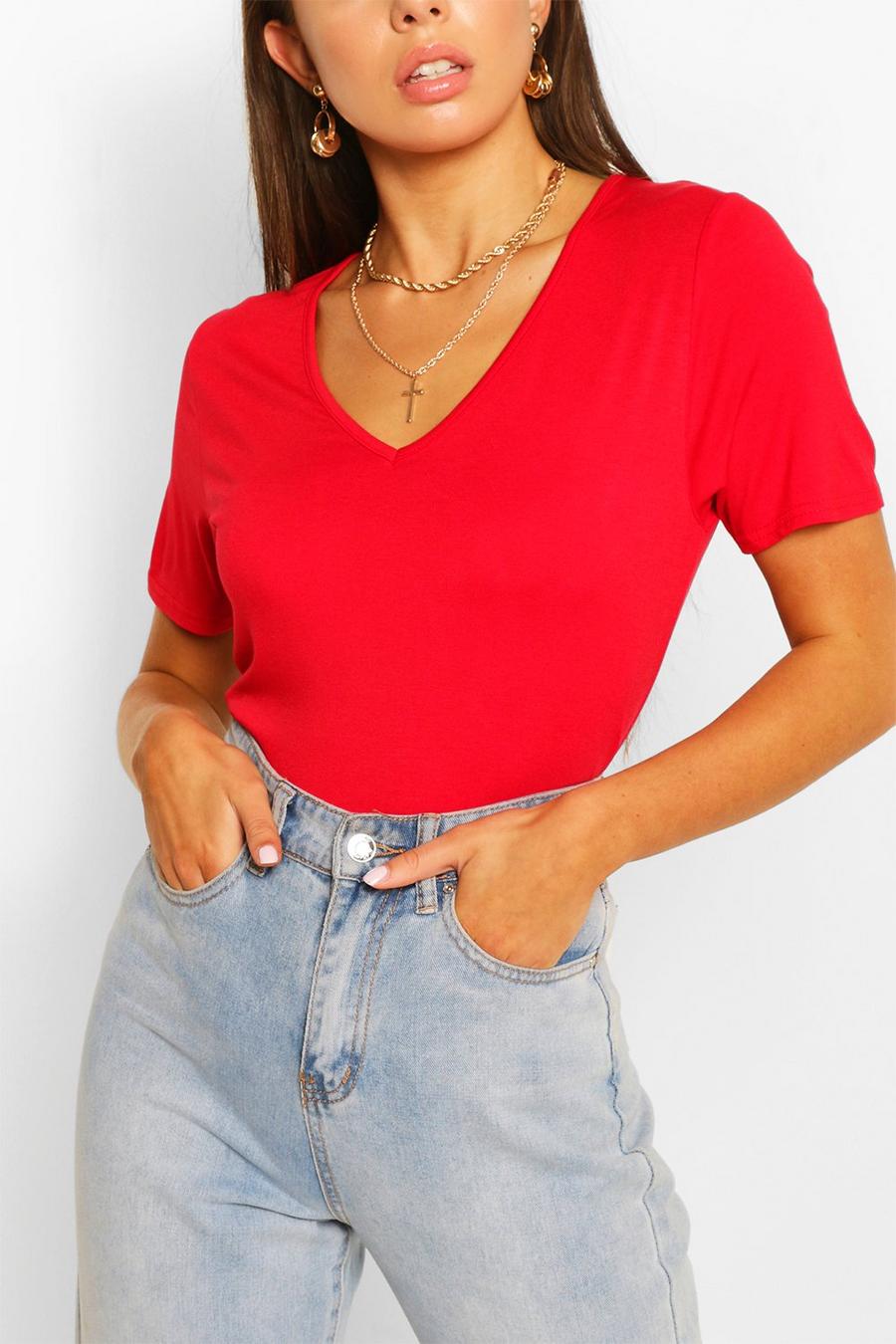 Basic Superweiches T-Shirt mit V-Ausschnitt, Rot image number 1