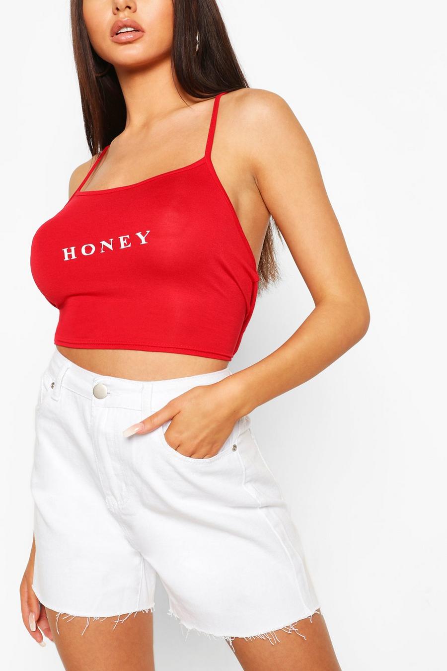 "Honey" Crop top med fyrkantig halsringning och slogan image number 1