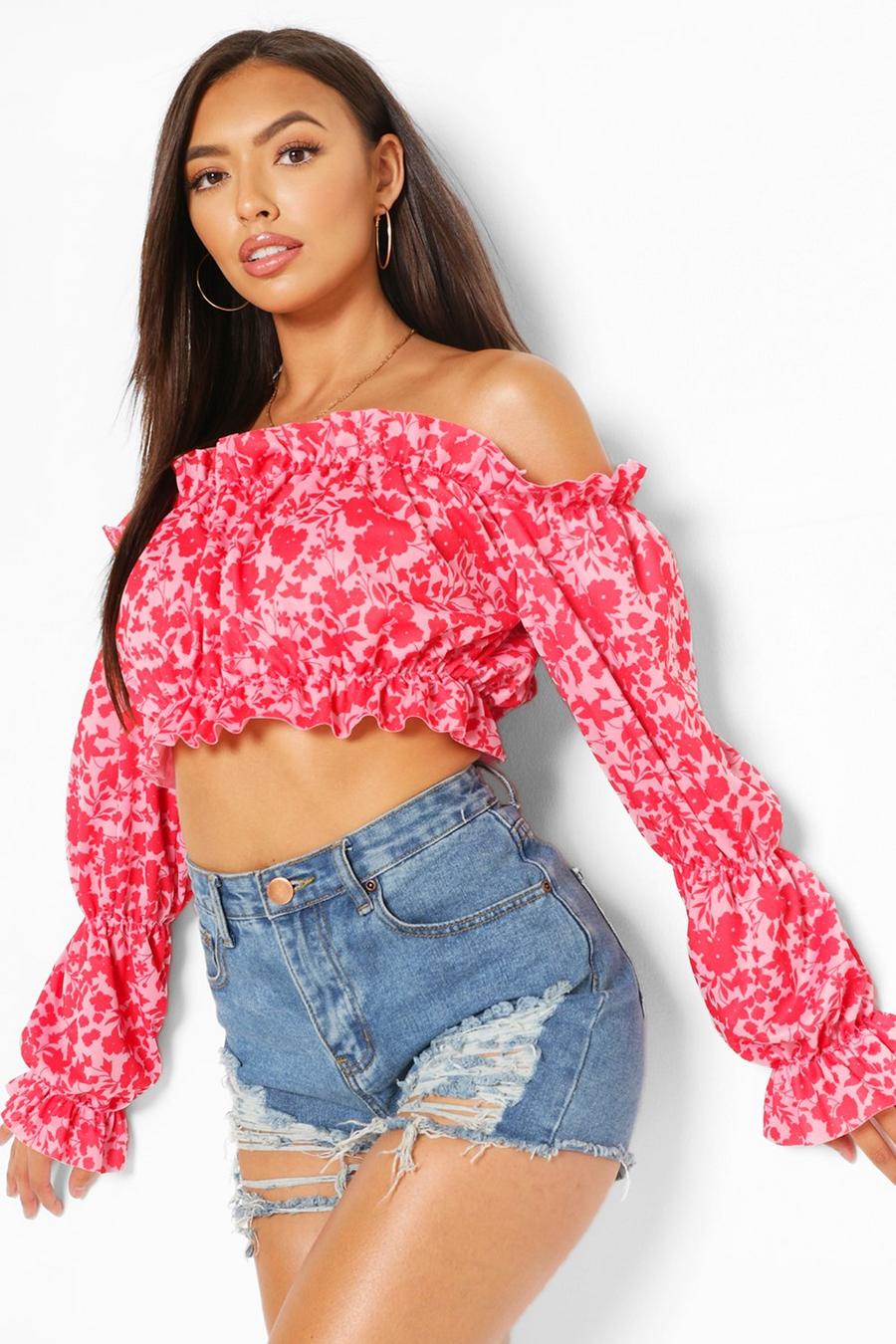 Ditsy Floral Ruffle Detail Off The Shoulder Crop Top image number 1