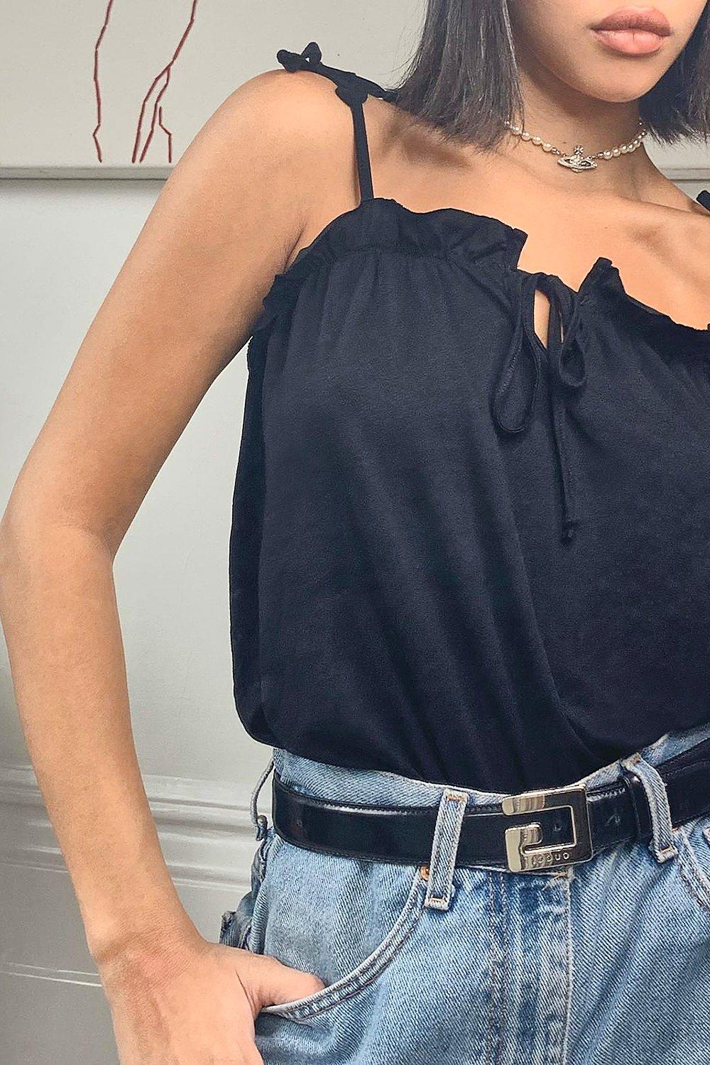 Ruffle Detail Tie Shoulder Strap Cami Top boohoo NZ