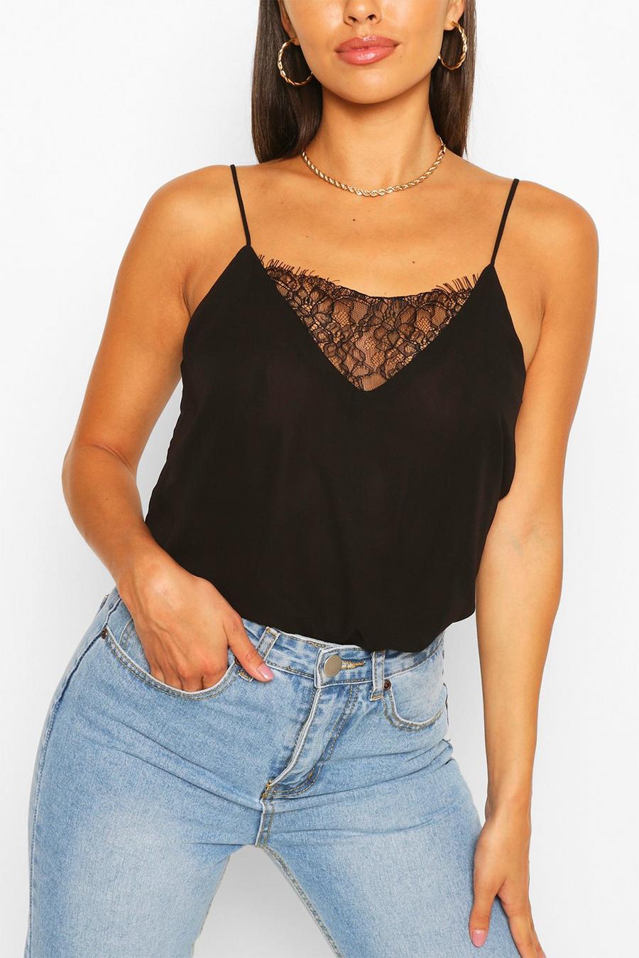 Black Lace Insert Woven Cami Top