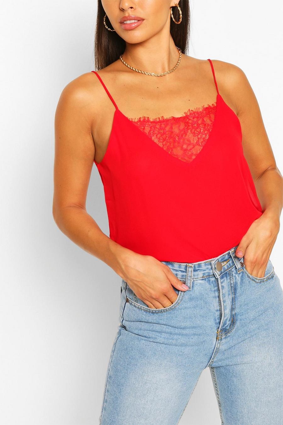 Red Lace Insert Woven Cami Top Black L image number 1