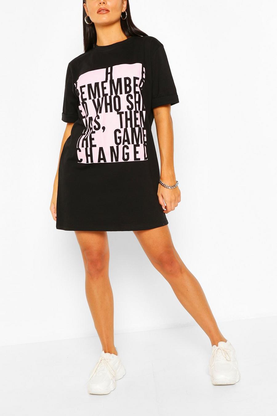 T-Shirt Kleid mit Slogan und Colorblock, Schwarz image number 1