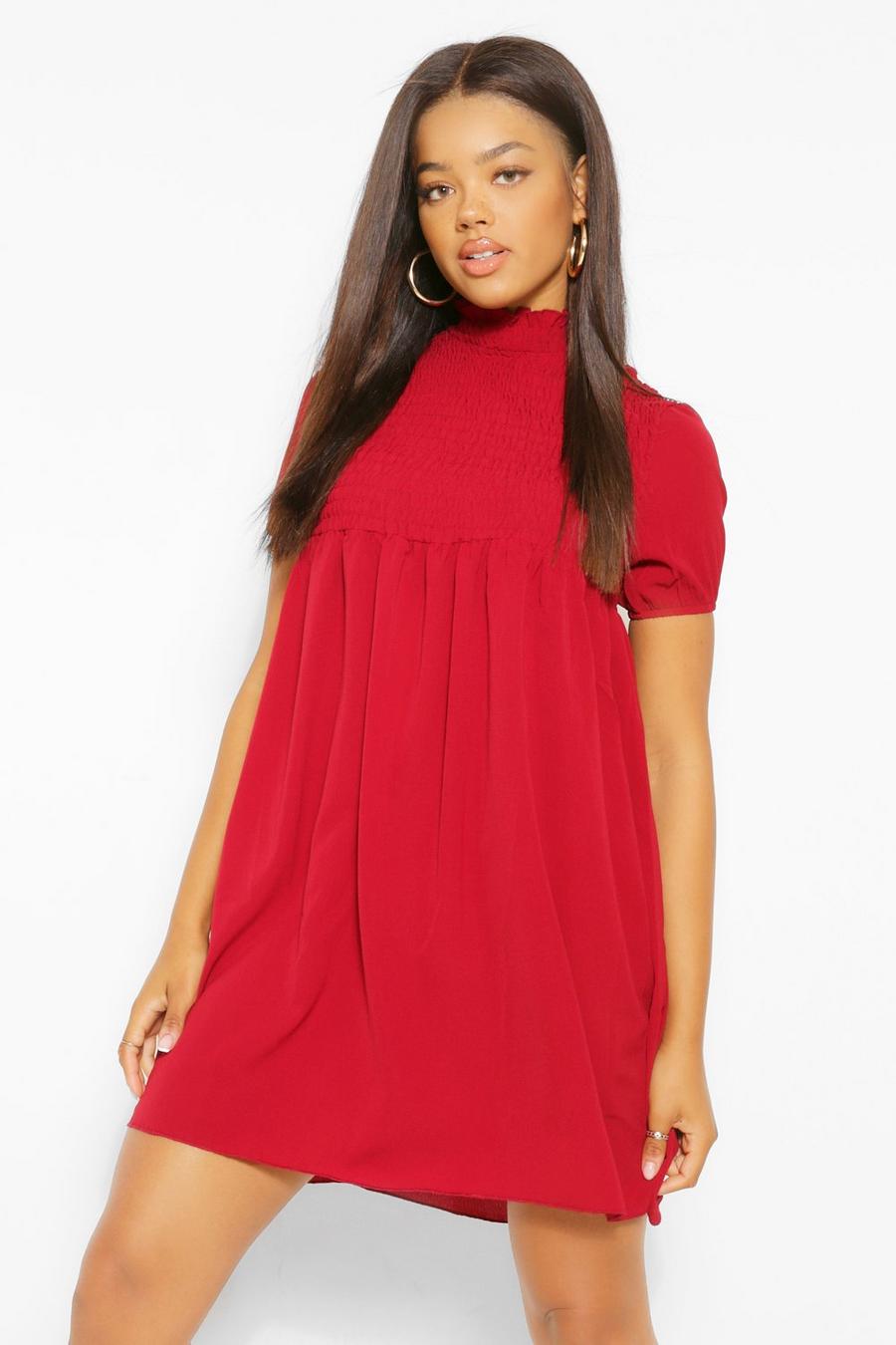 Berry Shirred Puff Sleeve Smock Dress image number 1