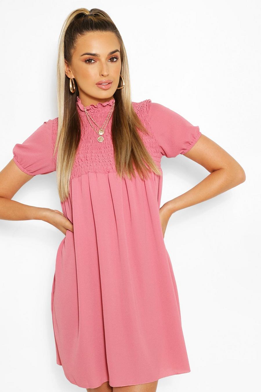 Pink Shirred Puff Sleeve Smock Dress image number 1