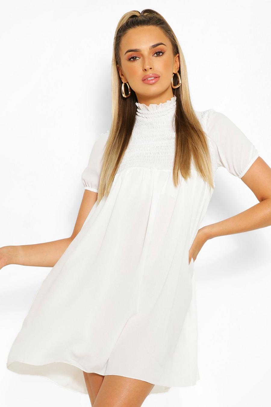 Vestido estilo blusón con mangas fruncidas y abullonadas, Blanco image number 1