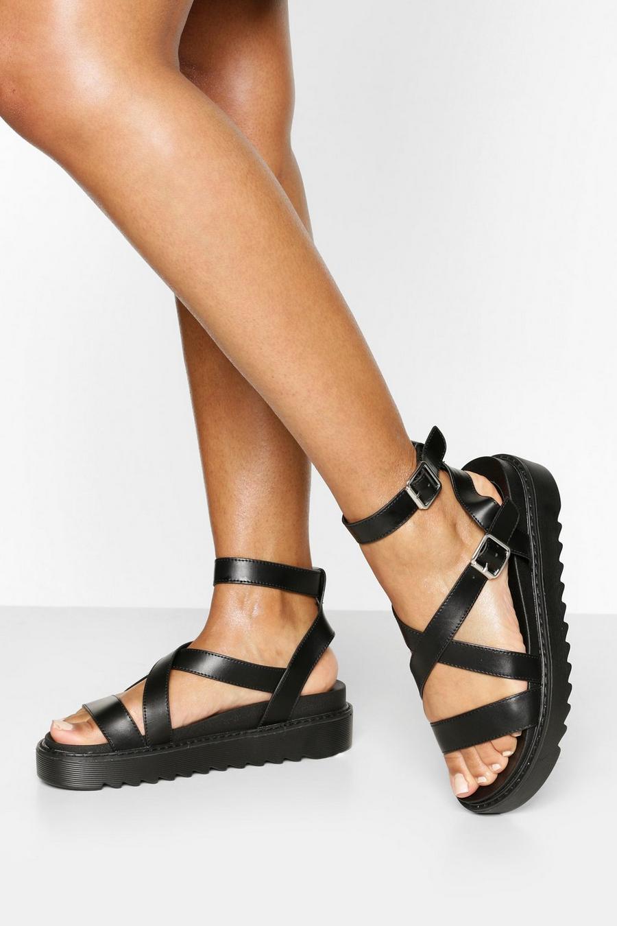 Chunky Cross Strap Cleated Sandals, Black image number 1