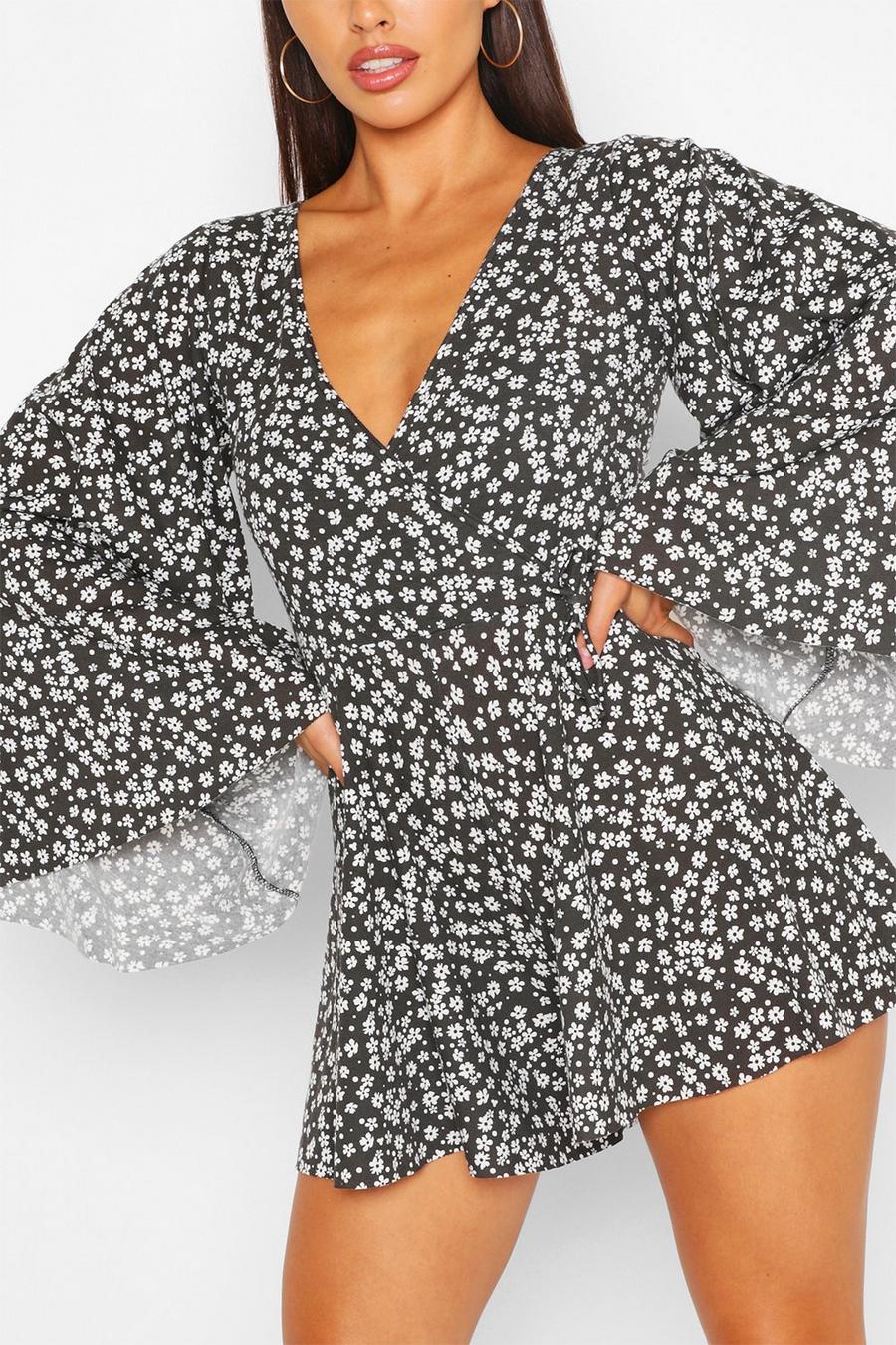 Black Ditsy Print Tie Front Flare Sleeve Playsuit image number 1